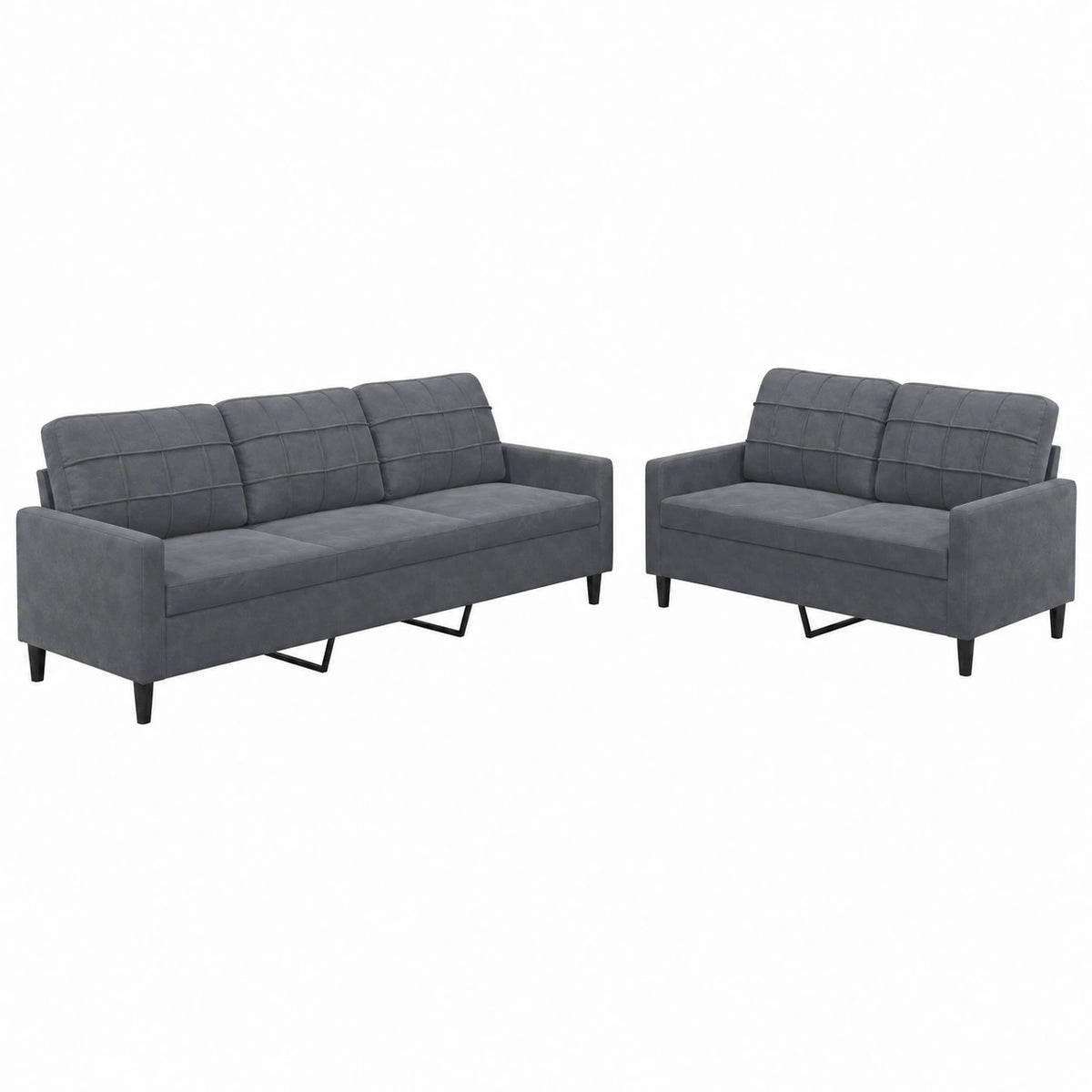 Set divani in velluto grigio scuro 2 e 3 posti con struttura in metallo e imbottitura in schiuma