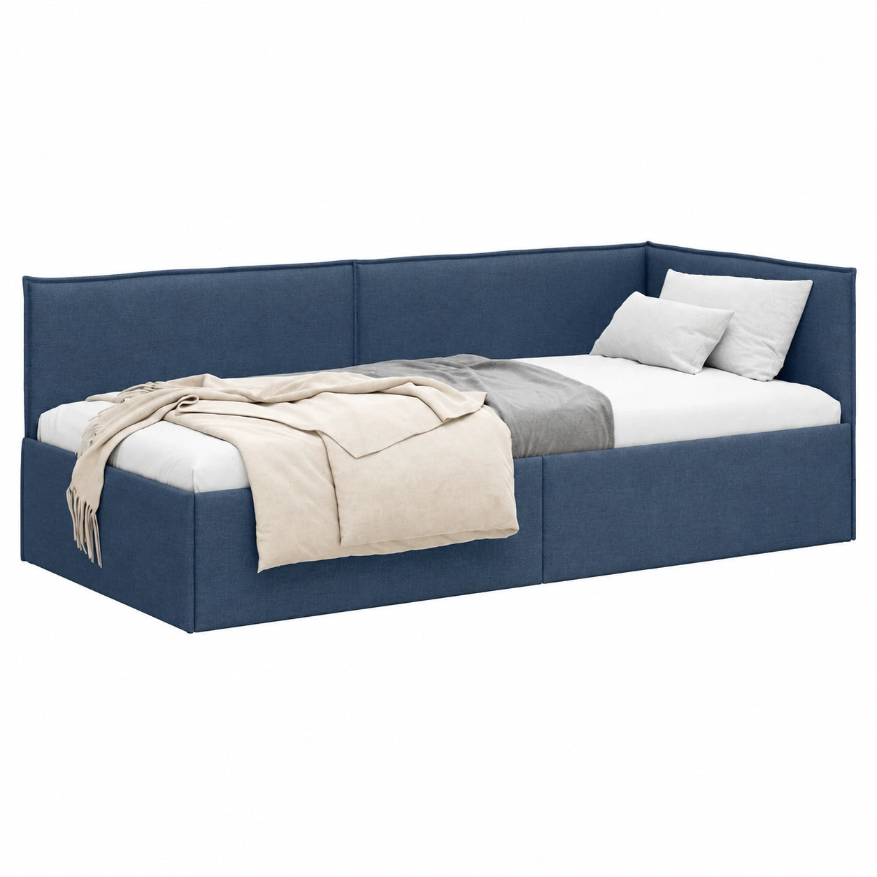 Letto angolare imbottito blu con testiera regolabile 100x200 cm, struttura stabile e rete a doghe