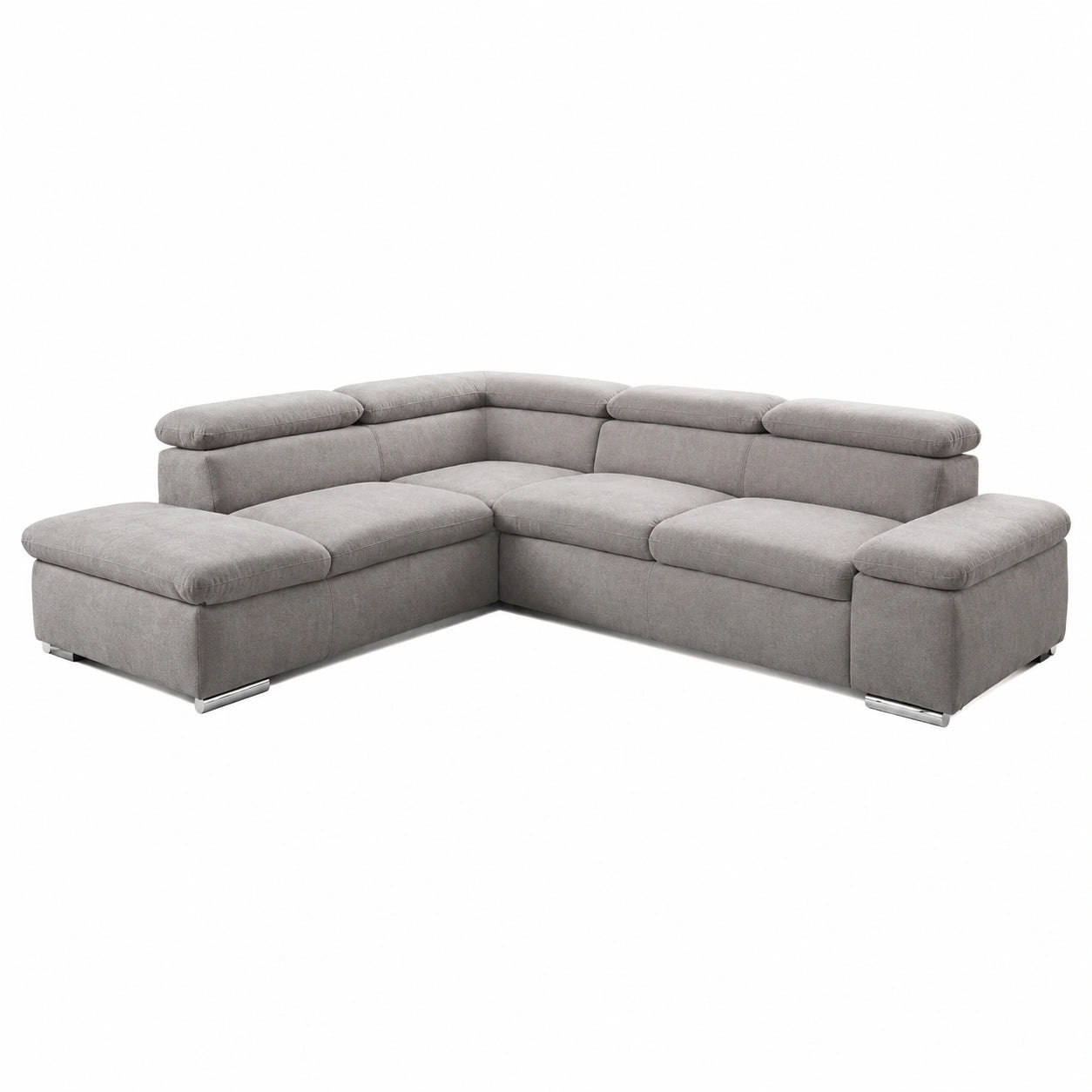 Divano angolare Alkatraz in tessuto grigio con pouf sinistro e poggiatesta regolabile, 274x66x228 cm