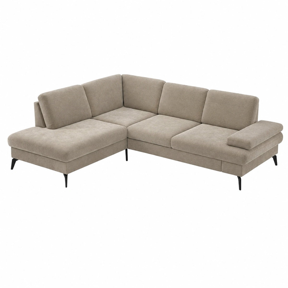 CAVADORE Divano angolare Moritz con regolazione seduta, piedini in metallo nero, 212x82x268, microfibra beige perla