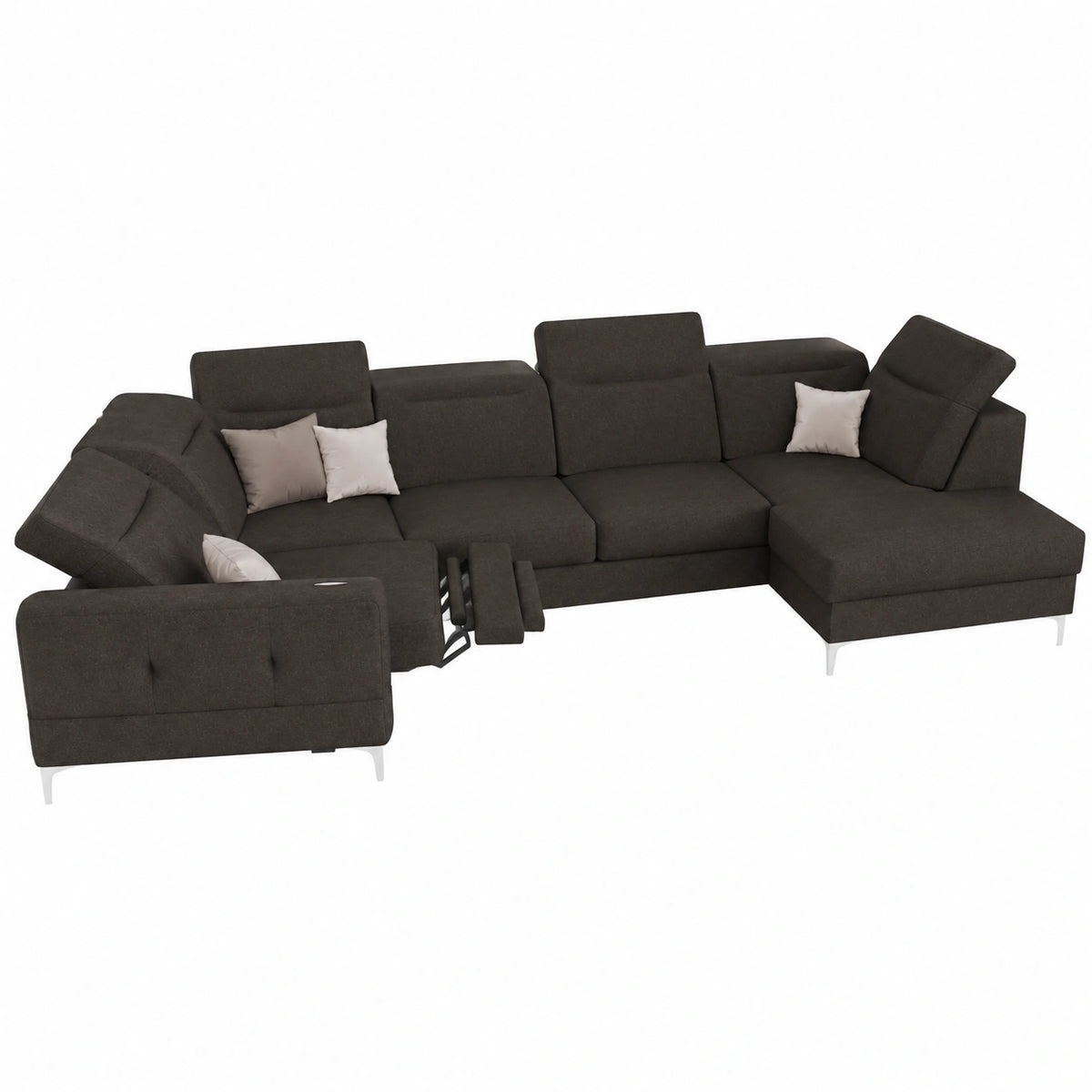 Divano angolare Malibu Max II con funzione letto, tessuto Gemma, piedini moderni in metallo, 180x350x182 cm, marrone scuro