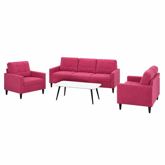 Set Divano 3 Posti in Velluto Rosso con Cuscini e Struttura in Metallo, Comfort Moderno