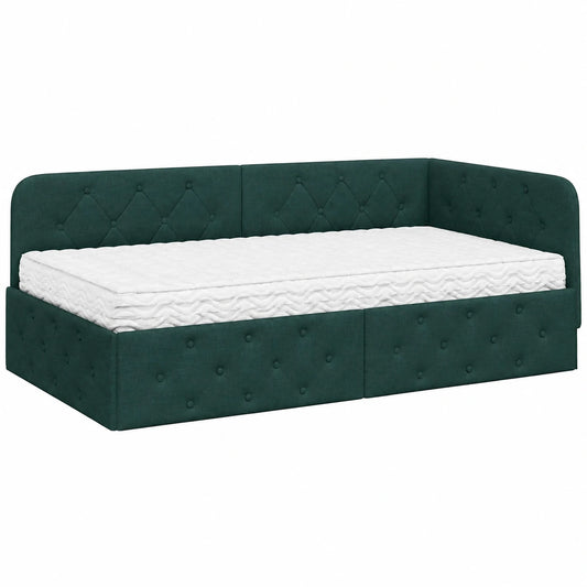 Struttura letto angolare salvaspazio con materasso 100x200 cm, verde scuro, tessuto a L, per camera da letto e ufficio, poggiatesta regolabile