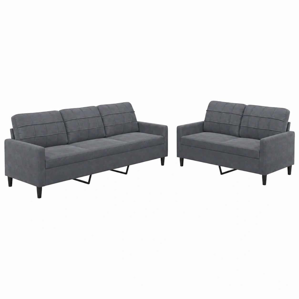 Set divani in velluto grigio scuro 2 e 3 posti con struttura in metallo e imbottitura in schiuma