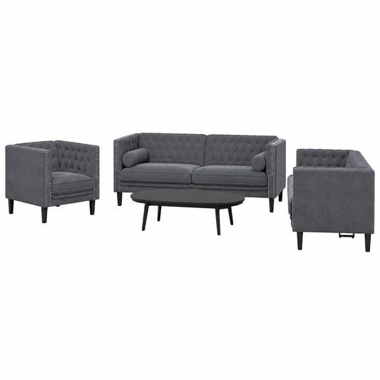 Set Divano 3 Pezzi in Velluto Grigio Scuro 194x74,5x70,5 cm, Elegante e Confortevole