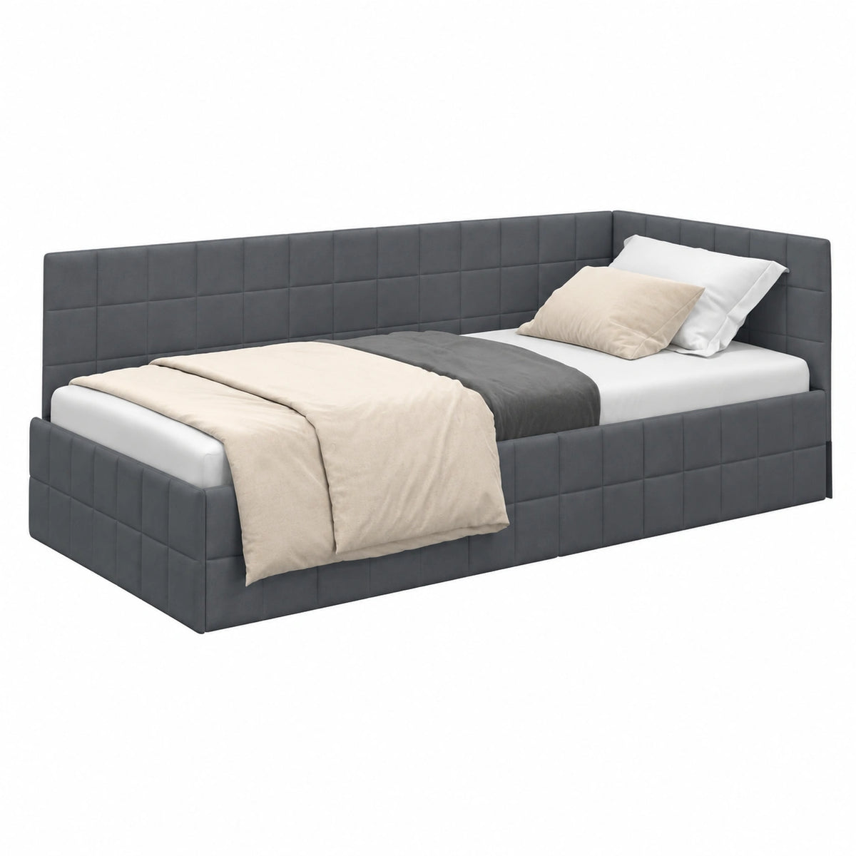 Letto Angolare in Velluto 90x200 cm Grigio Scuro con Testiera Regolabile