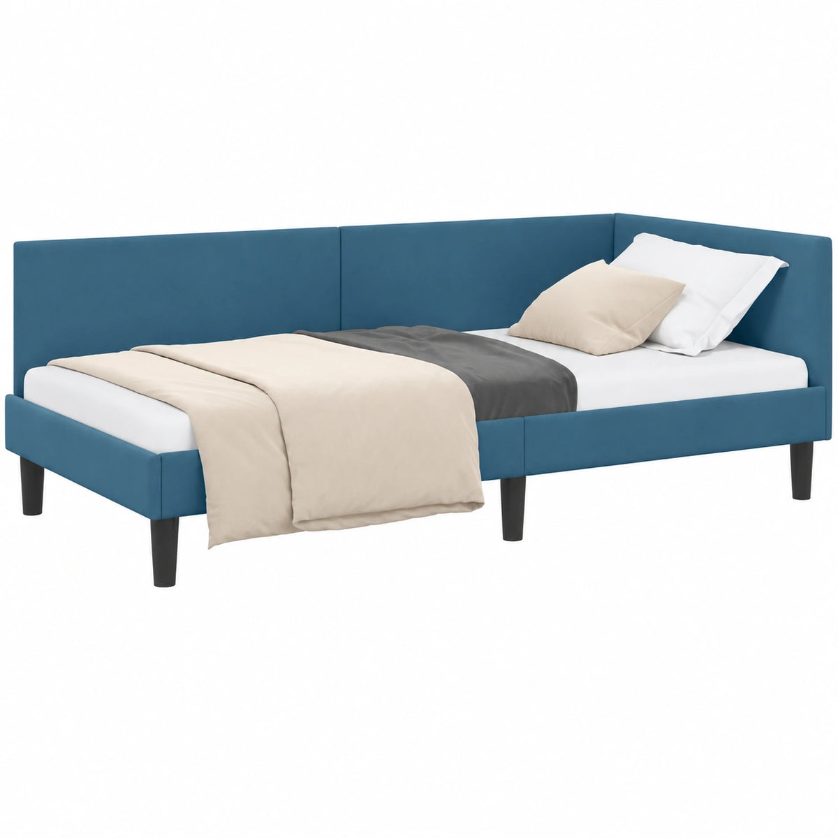 Letto Angolare in Velluto Blu 80x200 cm, Design Moderno ed Elegante per Interni