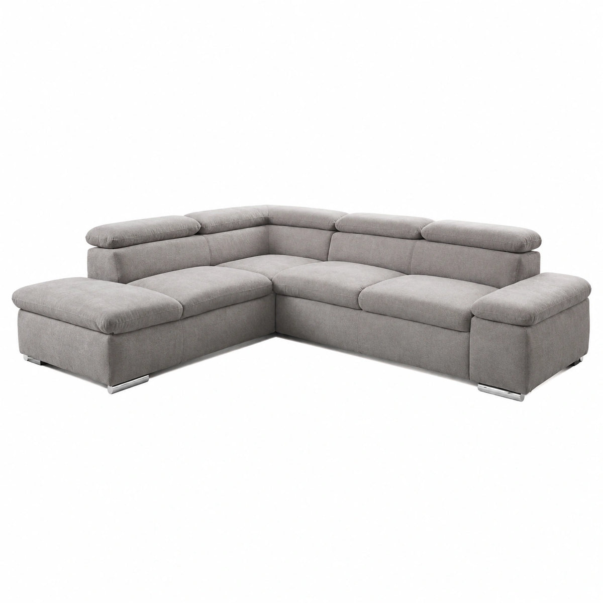 Divano angolare Alkatraz in tessuto grigio con pouf sinistro e poggiatesta regolabile, 274x66x228 cm