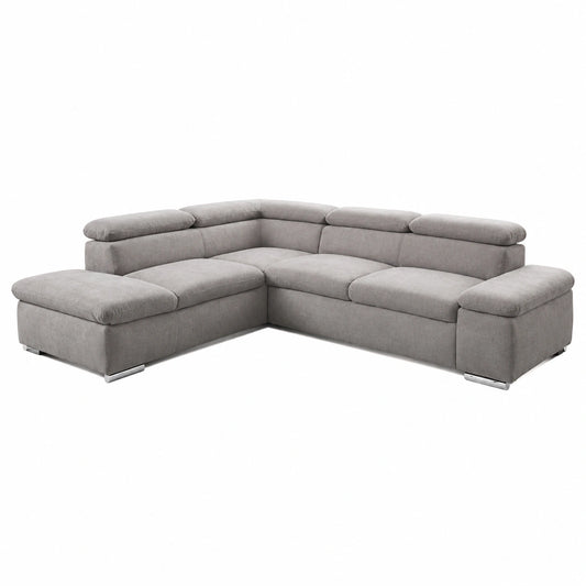Divano angolare Alkatraz in tessuto grigio con pouf sinistro e poggiatesta regolabile, 274x66x228 cm