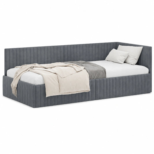 Letto angolare salvaspazio con testiera in velluto, 100x200 cm, per letto singolo