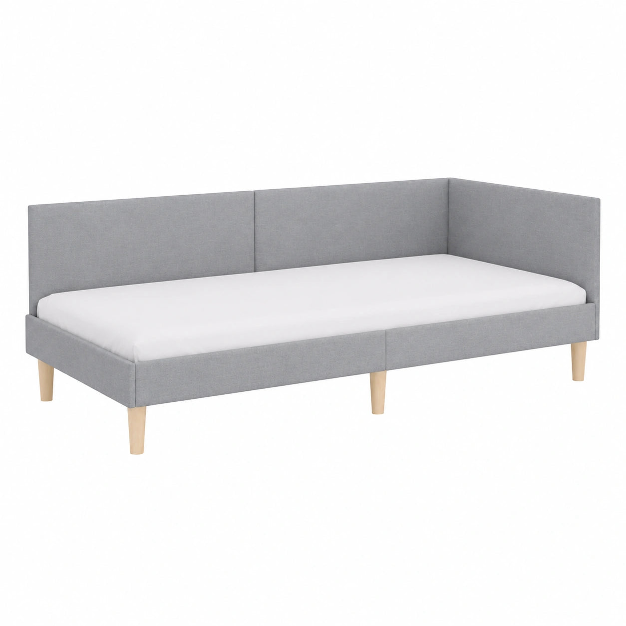 Letto angolare a L in tessuto grigio chiaro 90x200 cm con rete a doghe e poggiatesta regolabile