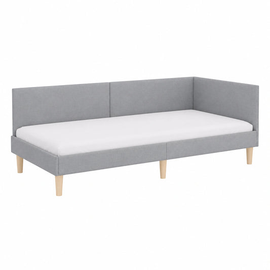 Letto angolare a L in tessuto grigio chiaro 90x200 cm con rete a doghe e poggiatesta regolabile