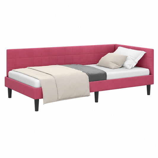 Letto angolare 90x190 cm in velluto rosso vino con testiera, salvaspazio, ideale per camera ospiti