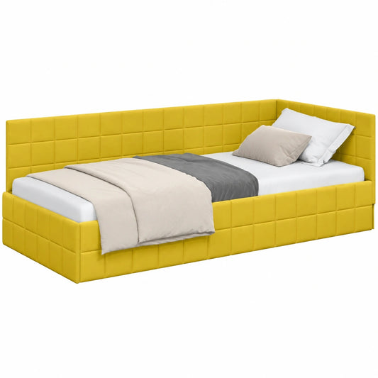 Letto Angolare in Velluto Giallo 100x200 cm con Poggiatesta Regolabile