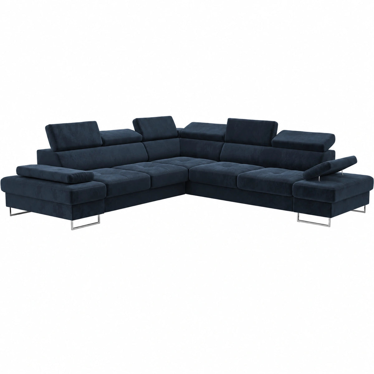 Divano angolare Galaxy MAX con letto e poggiatesta regolabili, 276x276 cm tessuto blu scuro