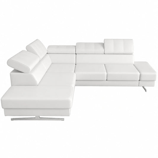 Divano ad angolo Emporio in pelle bianca con poggiatesta regolabili e gambe argentate, dimensioni 225x300 cm
