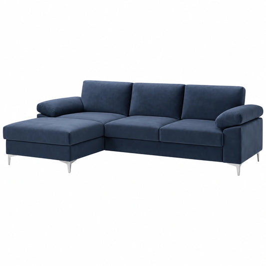 Divano Angolare in Velluto 4-5 Posti Galway Blu con Struttura Robusta e Design Moderno