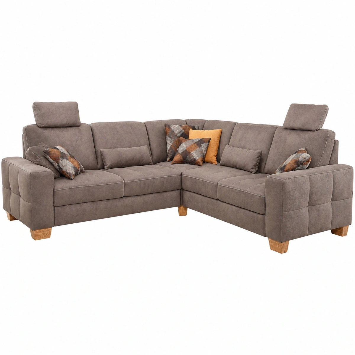 Divano angolare Puccino in microfibra marrone chiaro con schienale regolabile e poggiatesta, stile rustico, 276x86x271 cm
