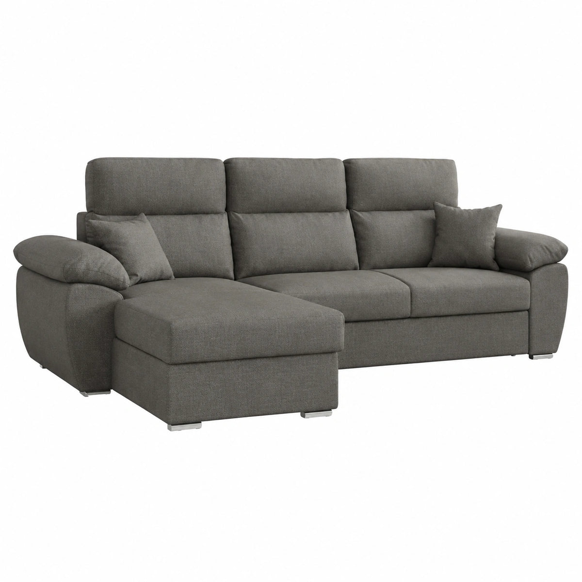 Divano Angolare Moderno 3 Posti con Letto Estraibile e Chaise Longue, Tessuto Grigio, 265x102x166 cm
