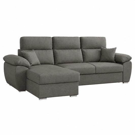 Divano Angolare Moderno 3 Posti con Letto Estraibile e Chaise Longue, Tessuto Grigio, 265x102x166 cm