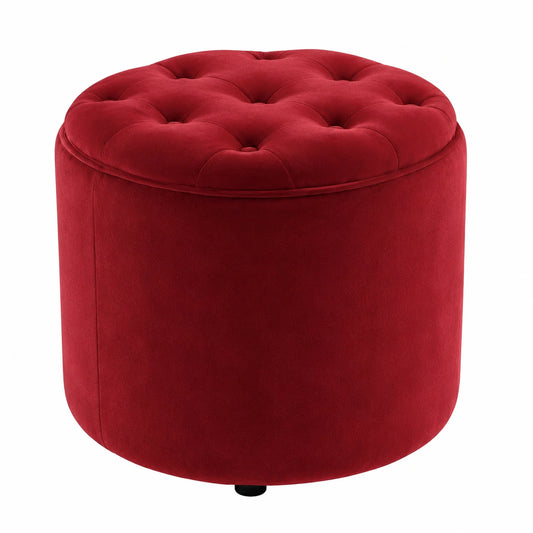 Pouf Tondo Contenitore in Velluto Rosso Stile Chesterfield
