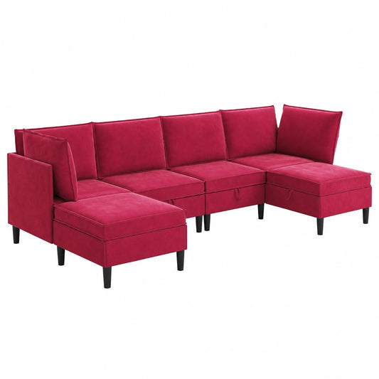 Set mobili soggiorno 6 pezzi in velluto bordeaux, divano imbottito con ripostiglio, stile moderno e comfort facile da pulire